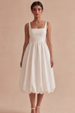 White Square Neck A Line Midi Graduation Dress