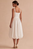 White Square Neck A Line Midi Graduation Dress
