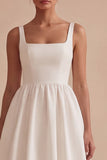 White Square Neck A Line Midi Graduation Dress
