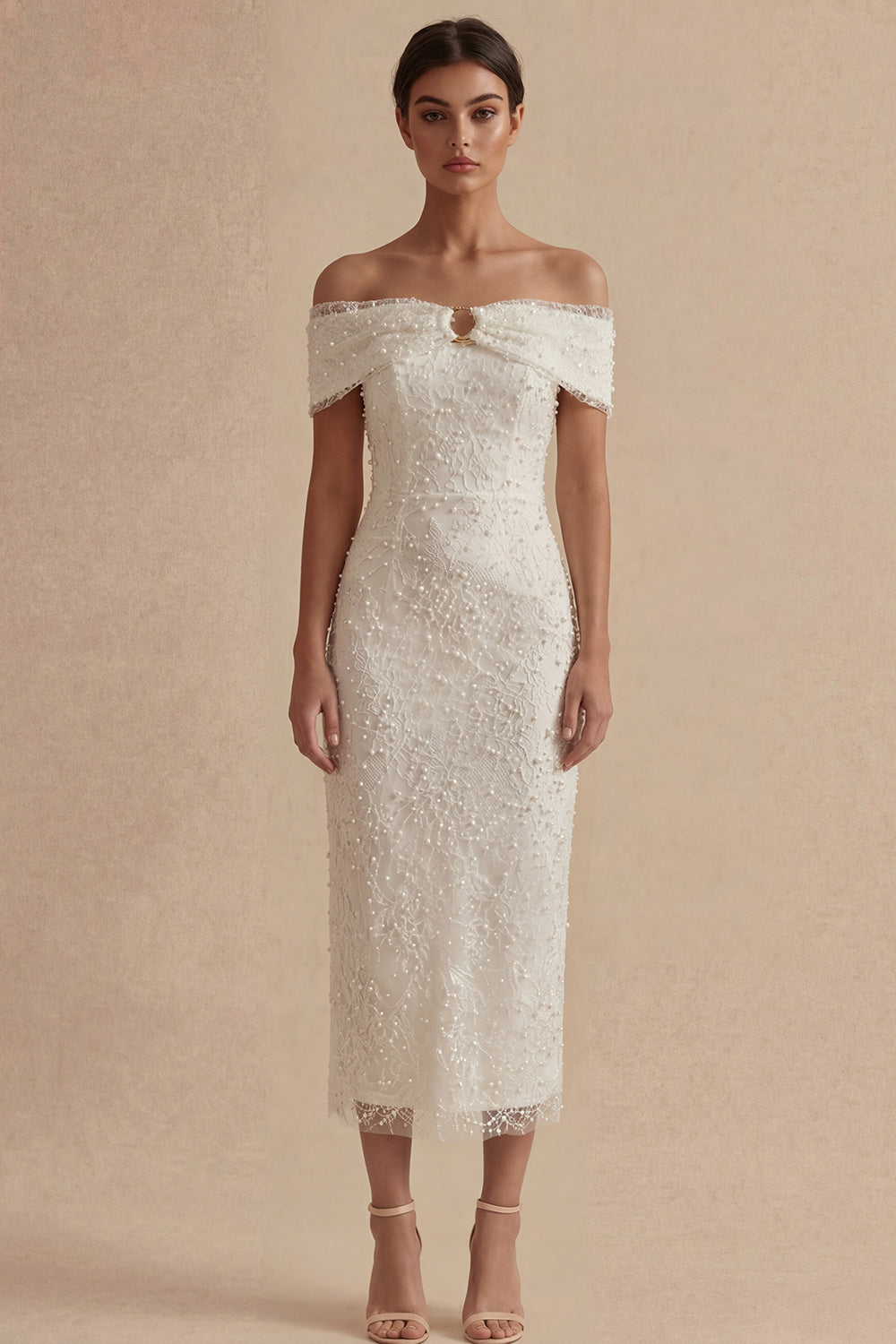 Zapaka Women White Midi Graduation Dress with Pearls Off the Shoulder
