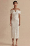 White Off the Shoulder Bodycon Midi Dress with Pearls