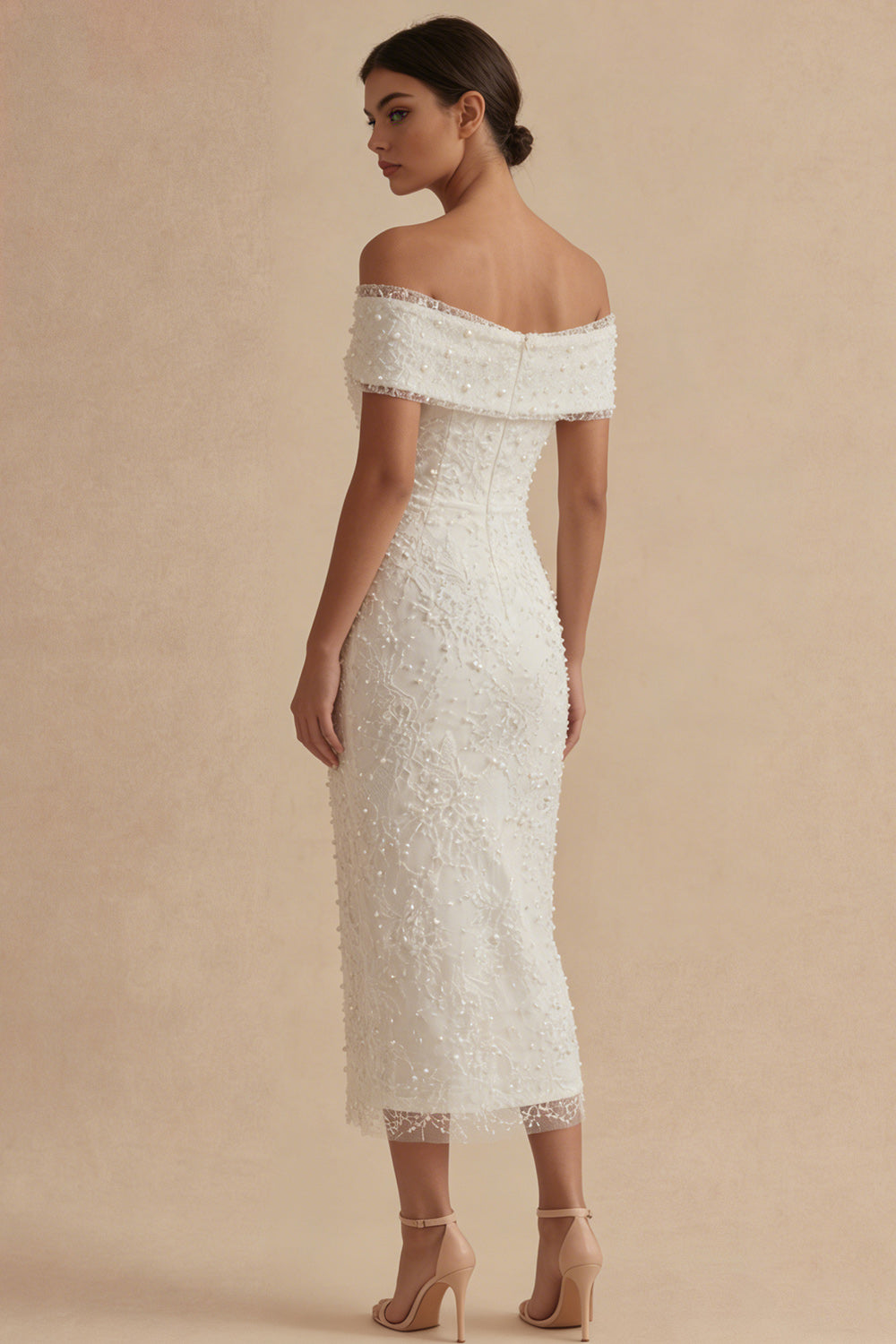 Zapaka Women White Midi Graduation Dress with Pearls Off the Shoulder Bodycon Rehearsal Dinner Dress, White / US16W
