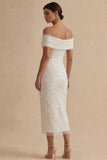 White Off the Shoulder Bodycon Midi Dress with Pearls