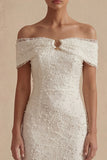 White Off the Shoulder Bodycon Midi Dress with Pearls