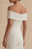 White Off the Shoulder Bodycon Midi Dress with Pearls