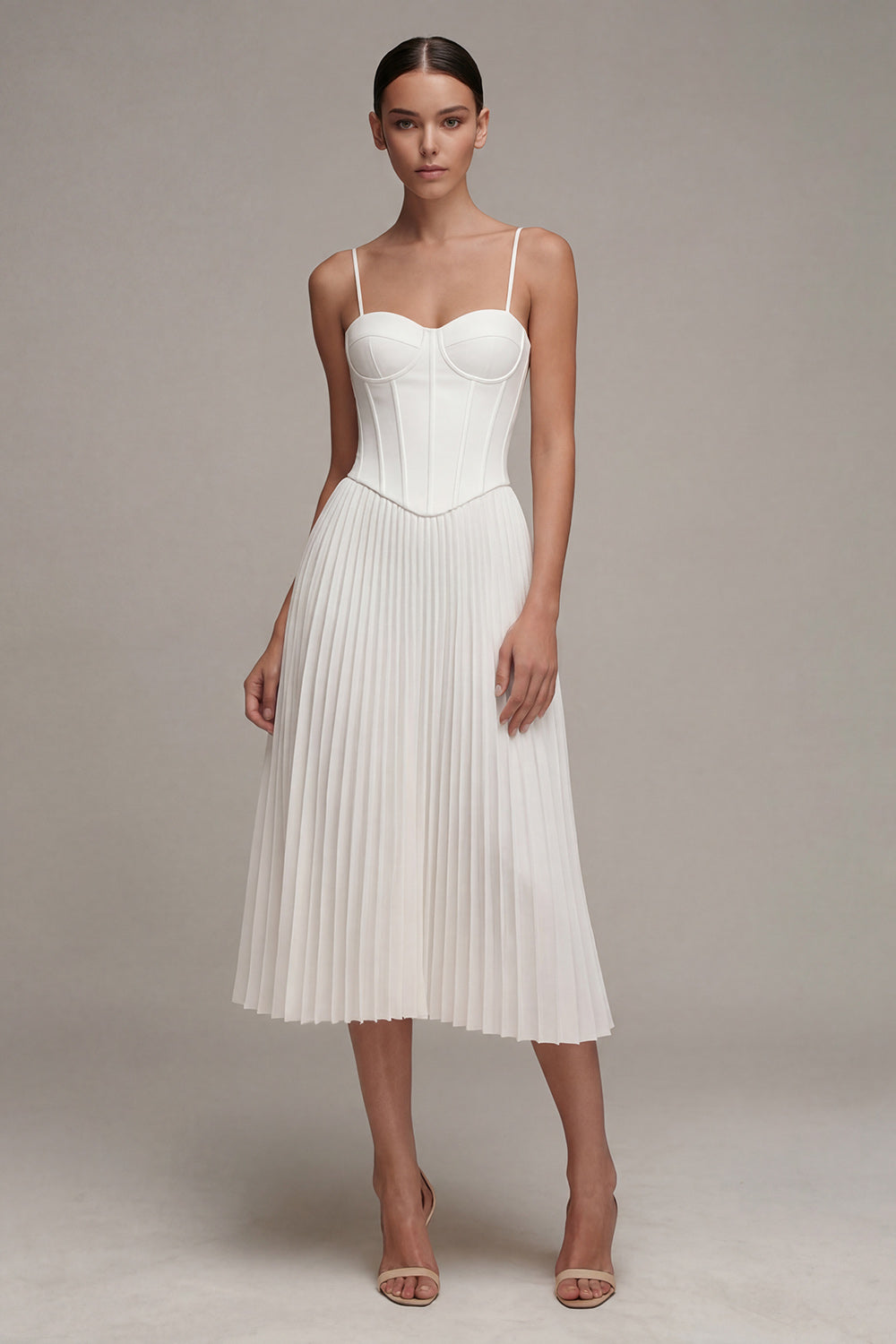 Zapaka Women White Midi Graduation Dress Spaghetti Straps Corset A Line