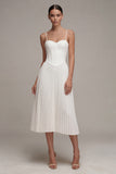 White Spaghetti Straps Pleated A Line Corset Midi Dress