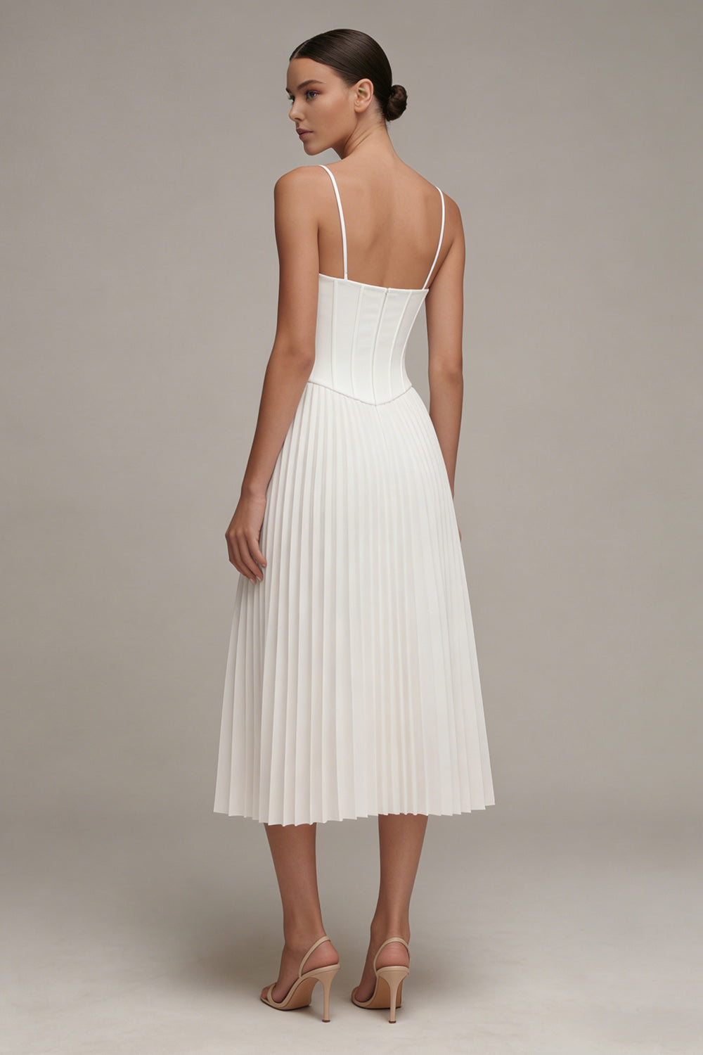Zapaka Women White Midi Graduation Dress Spaghetti Straps Corset A Line