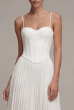 White Spaghetti Straps Pleated A Line Corset Midi Dress