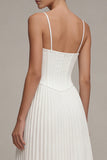 White Spaghetti Straps Pleated A Line Corset Midi Dress