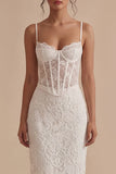 White Lace Spaghetti Straps Bodycon Corset Midi Dress