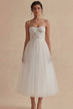 White Tulle Spaghetti Straps A Line Corset Midi Dress