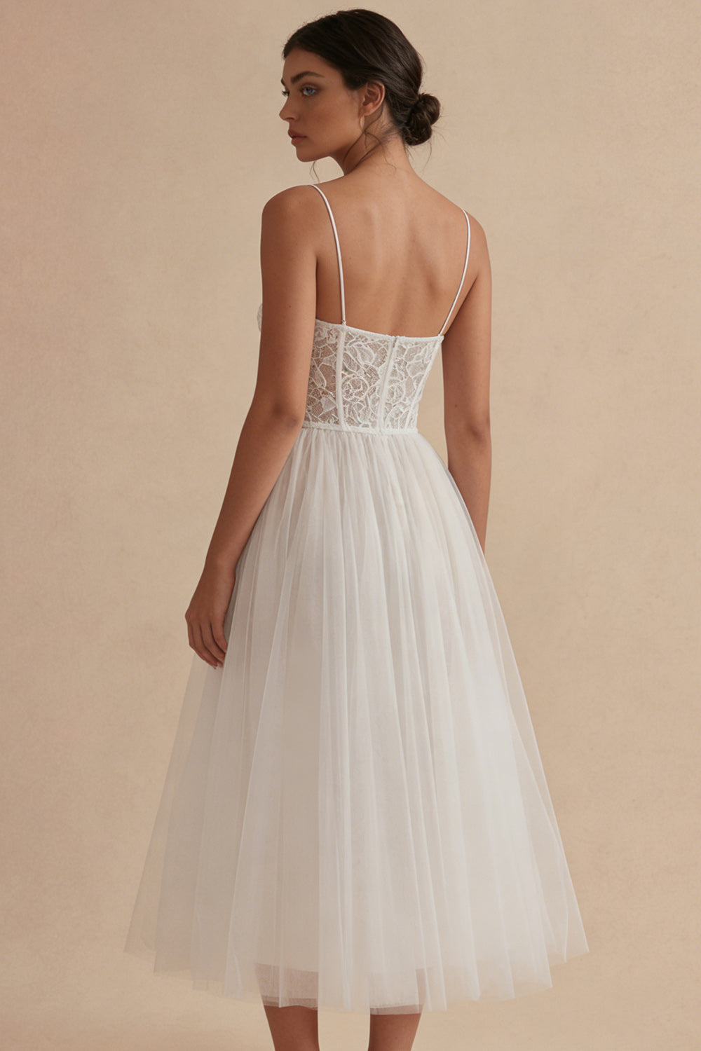 Zapaka Women White Midi Graduation Dress with Lace Tulle Corset