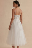 White Tulle Spaghetti Straps A Line Corset Midi Dress