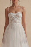 White Tulle Spaghetti Straps A Line Corset Midi Dress
