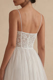 White Tulle Spaghetti Straps A Line Corset Midi Dress