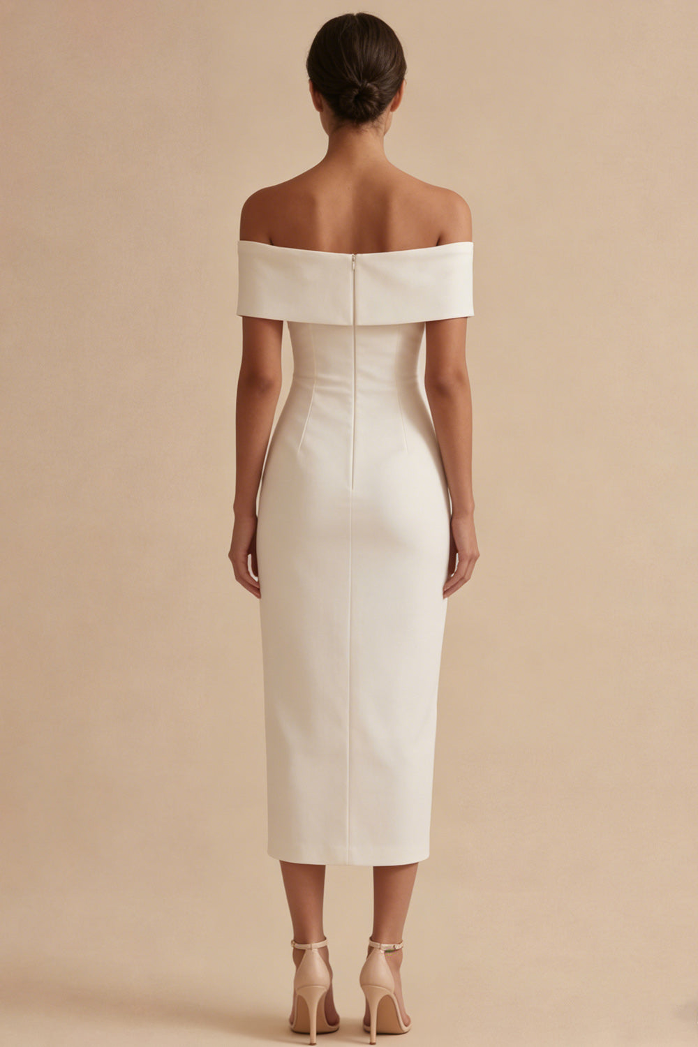 Zapaka Women White Midi Graduation Dress Off the Shoulder Ruched