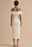 White Off the Shoulder Bodycon Midi Graduation Dress