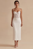 White Spaghetti Straps Ankle Length Corset Midi Dress with Lace
