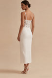 White Spaghetti Straps Ankle Length Corset Midi Dress with Lace