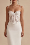 White Spaghetti Straps Ankle Length Corset Midi Dress with Lace