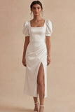 Satin Square Neck Sheath Midi White Dress with Slit