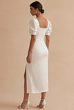 Satin Square Neck Sheath Midi White Dress with Slit