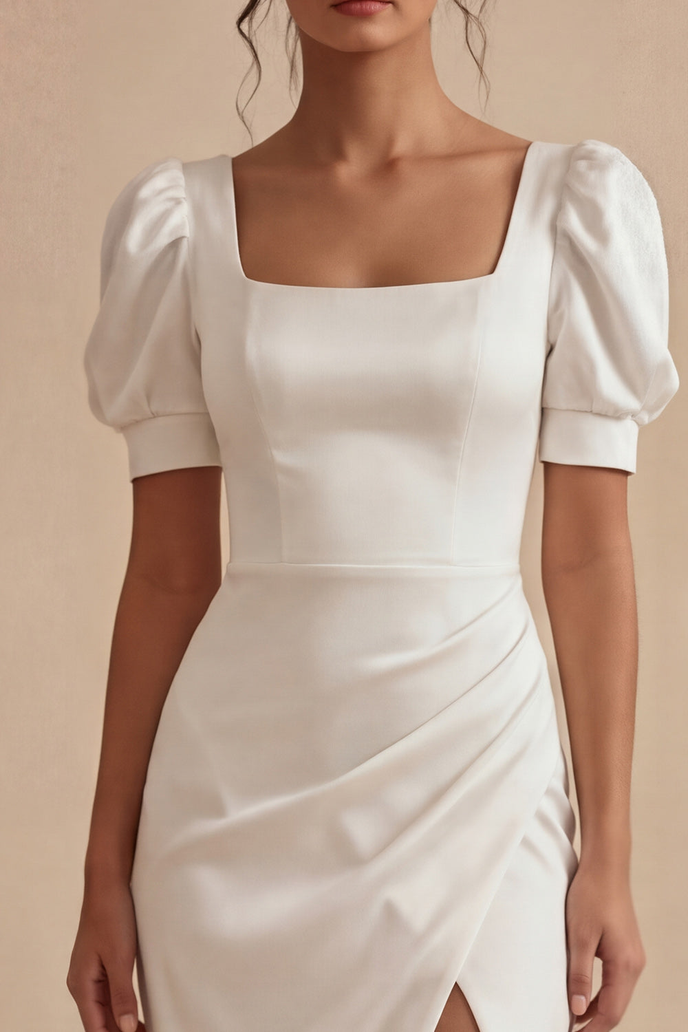 Zapaka Women White Satin Midi Graduation Dress with Slit Square Neck