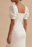 Satin Square Neck Sheath Midi White Dress with Slit