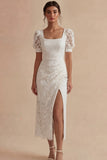 White Lace Square Neck Puff Sleeves Ankle Length Dress with Slit