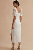 White Lace Square Neck Puff Sleeves Ankle Length Dress with Slit