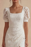 White Lace Square Neck Puff Sleeves Ankle Length Dress with Slit
