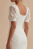 White Lace Square Neck Puff Sleeves Ankle Length Dress with Slit