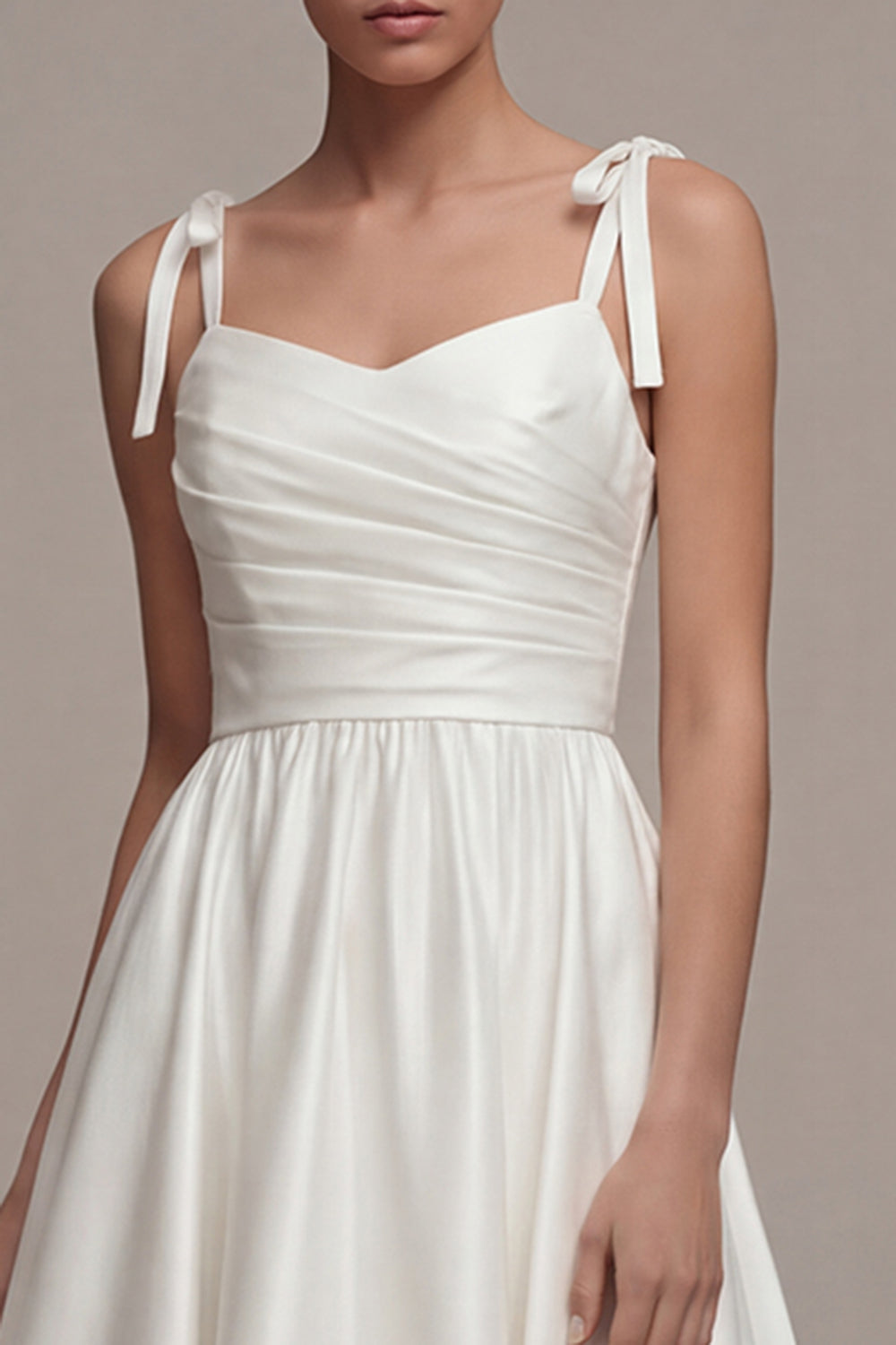Zapaka Women Satin Beach Wedding Dress with Bows White Long A Line Ruched  Thick Straps Rehearsal Dinner Dress – ZAPAKA