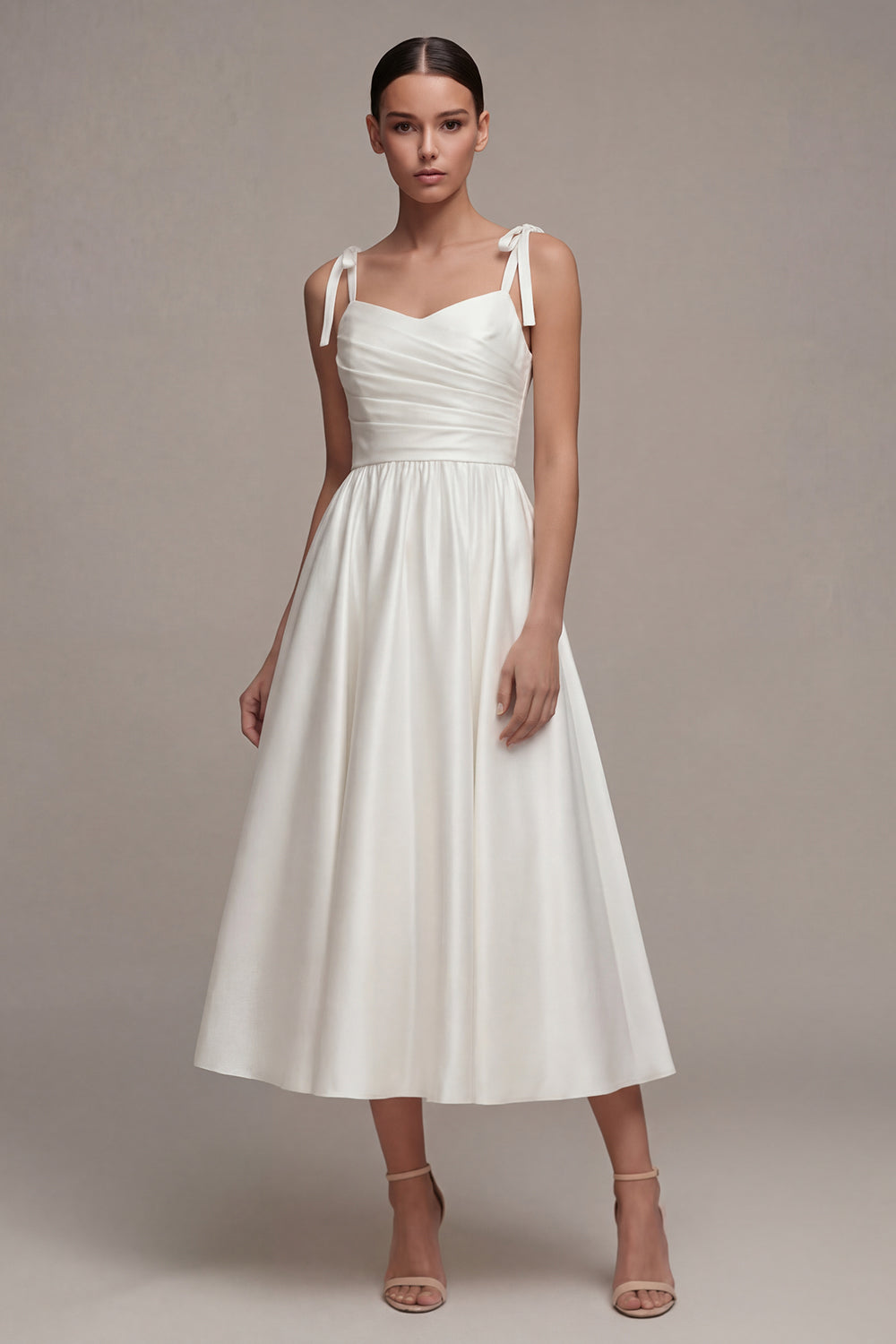 Zapaka Women Satin Beach Wedding Dress with Bows White Long A Line Ruched  Thick Straps Rehearsal Dinner Dress – ZAPAKA
