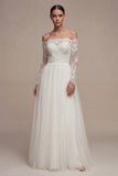 White Long Sleeves Floral A Line Wedding Dress with Lace