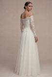 White Long Sleeves Floral A Line Wedding Dress with Lace