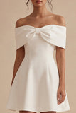White Off the Shoulder Satin Short Graduation Dress with Bow