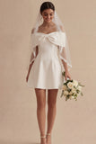 White Off the Shoulder Satin Short Graduation Dress with Bow