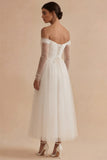 A Line Off the Shoulder Ruched Long Sleeves White Maxi Engagement Dress