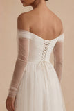 A Line Off the Shoulder Ruched Long Sleeves White Maxi Engagement Dress