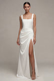 Square Neck Ruched White Maxi Sheath Engagement Dress with Slit