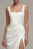 Square Neck Ruched White Maxi Sheath Engagement Dress with Slit