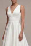 A Line V-Neck White High Low Engagement Dress