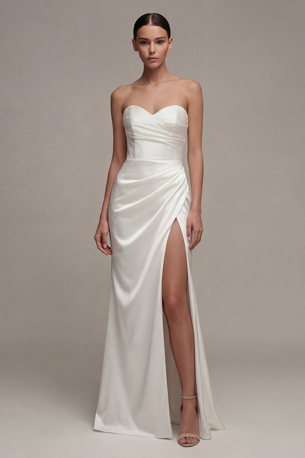 ZAPAKA Women White Satin Maxi Engagement Dress with Slit Sheath Ruched