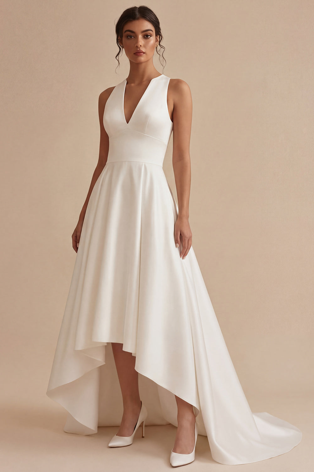 ZAPAKA Women High Low Satin Engagement Dress A Line V-Neck Sleeveless