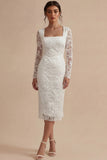 Lace Long Sleeves Floral Midi Bodycon White Boho Engagement Dress