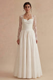 White Long Sleeves Floral A Line Maxi Boho Wedding Dress with Lace