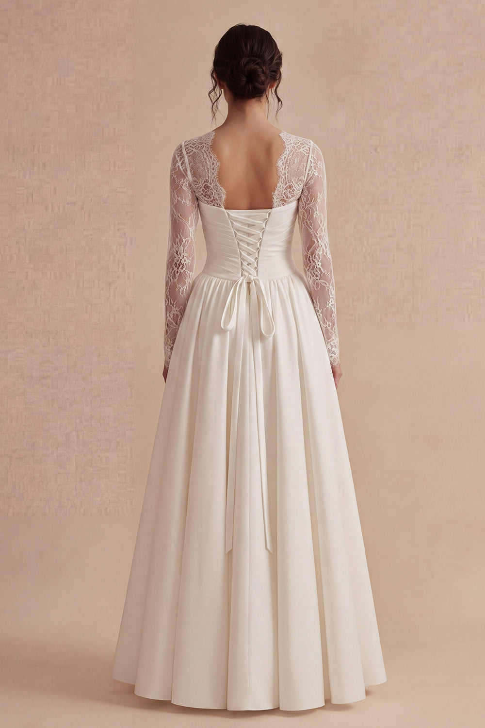 long sleeve wedding reception dress Tea Length Illusion Neckline hugging gathering Long sleeve wedding dress beach