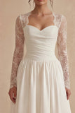 White Long Sleeves Floral A Line Maxi Boho Wedding Dress with Lace
